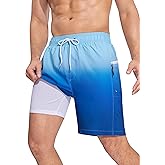 SILKWORLD Men Swim Trunks with Compression Liner 7" Bathing Suits Quick Dry Swimming Shorts with Zipper Pocket
