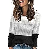 Leafsay Womens Color Block Tops Striped Lightweight Sweaters Long Sleeve Crewneck Shirts Casual Loose Fit Tunic
