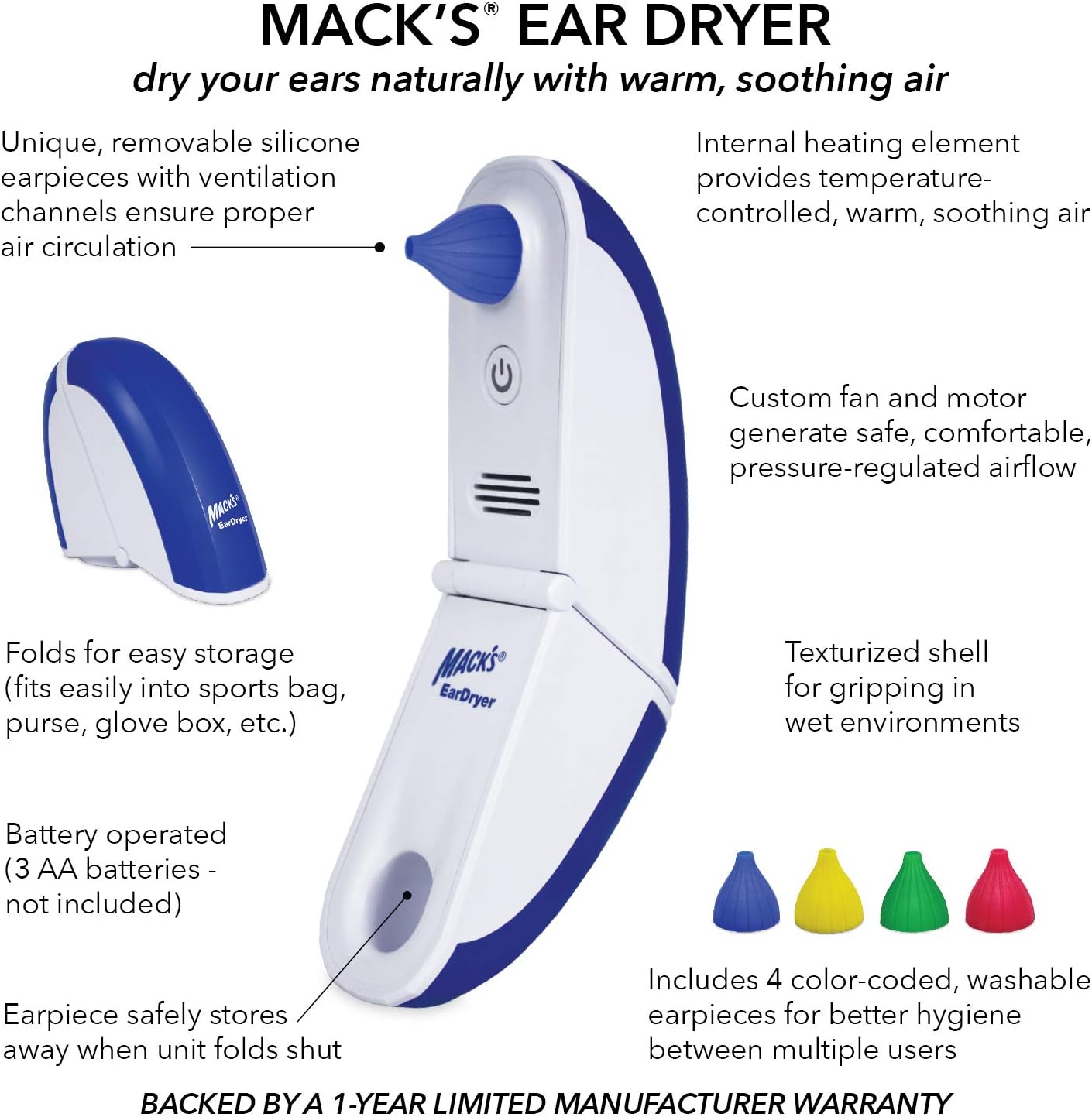 Mack's Ear Dryer - Soothing Electronic Warm Air Ear Dryer for Swimming, Showering, Water Sports, Surfing, Scuba and Hearing Aid Use: Health & Personal Care