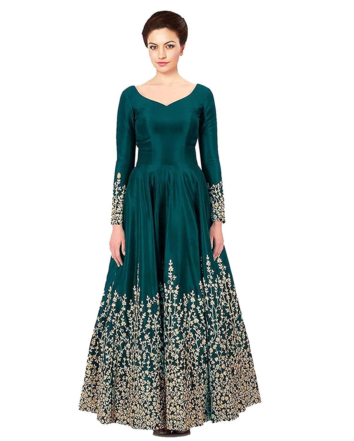 omkar fab women's taffeta silk anarkali embroidered gown (green)
