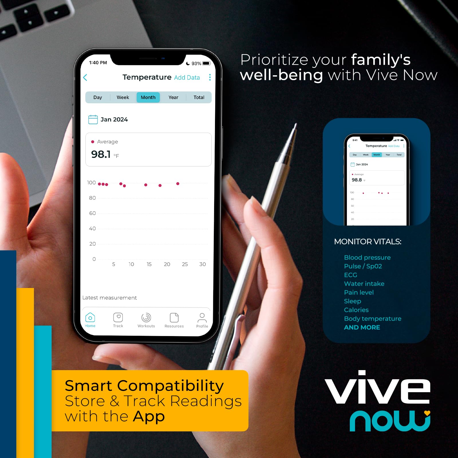 Vive Precision Smart Oral Thermometer - Approved Medical Grade Body Temperature Reader for Adults, Babies - Digital Fever Monitor with App for Home Use, Under The Tongue, Armpit & Rectal