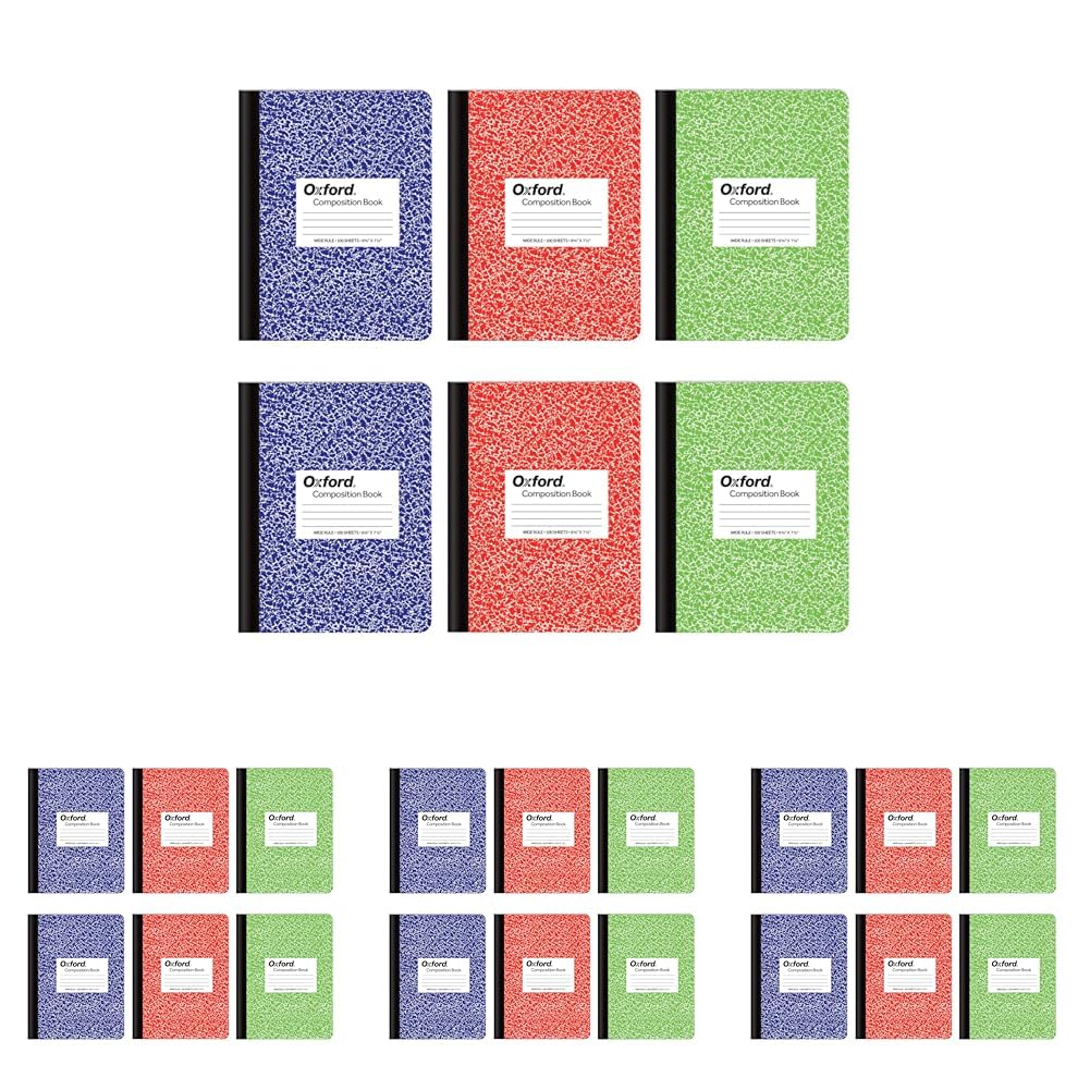 Oxford Composition Notebooks, 6 count, Cover Colors Vary, Wide Ruled Paper, 9-3/4 x 7-1/2 Inch School Journals, Assorted Marble Covers, 100 Sheets, per Book (63762) (Pack of 4) Image