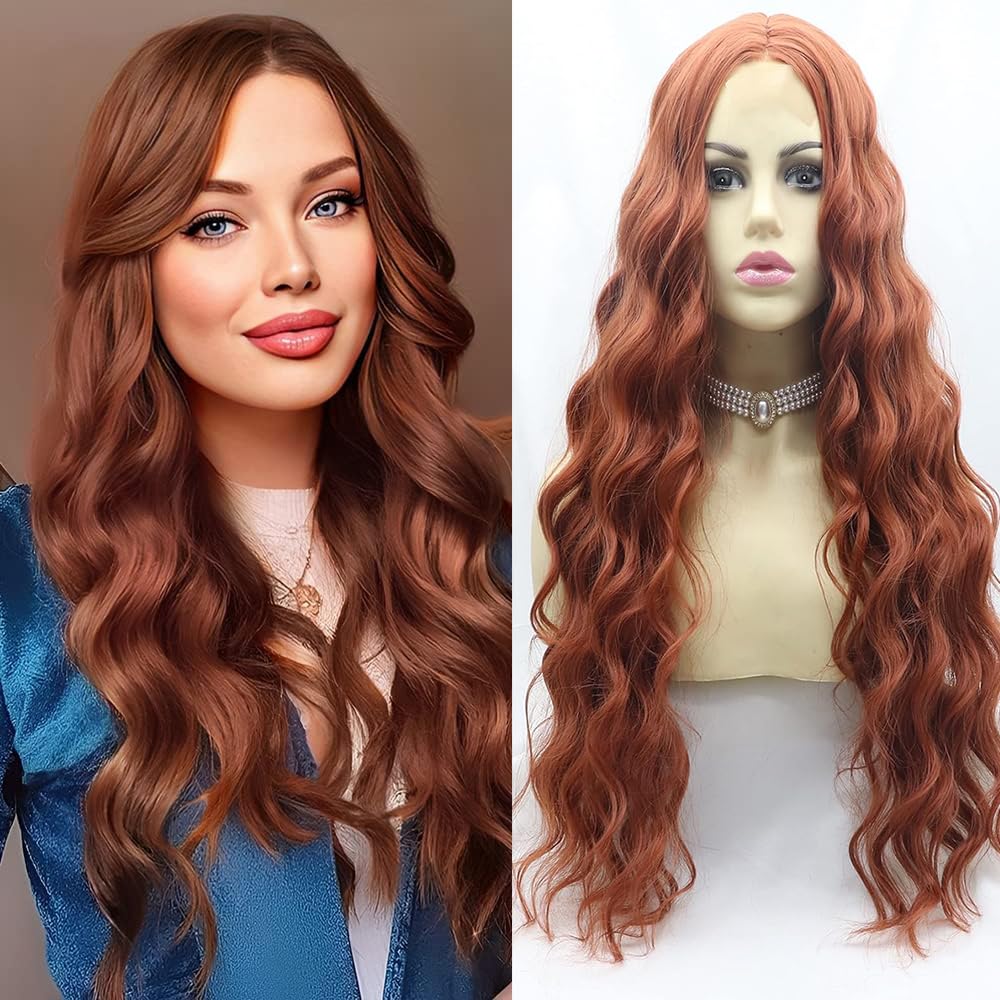 Xiweiya 350# Copper Red Lace Front Wigs Long Wavy Curly Synthetic Auburn Wig Middle Part Auburn U Part Lace Front Wigs Natural Hairline Heat Resistant Fiber Hair 150% Density Hair for Women 26inch