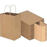 Toovip 100 Pack 8x4.75x10 Inch Medium Plain Brown Kraft Paper Bags with Handles Bulk, Gift Wrap Bags for Favors Grocery Retail Party Birthday Shopping Business Goody Craft Merchandise Take Out Sacks