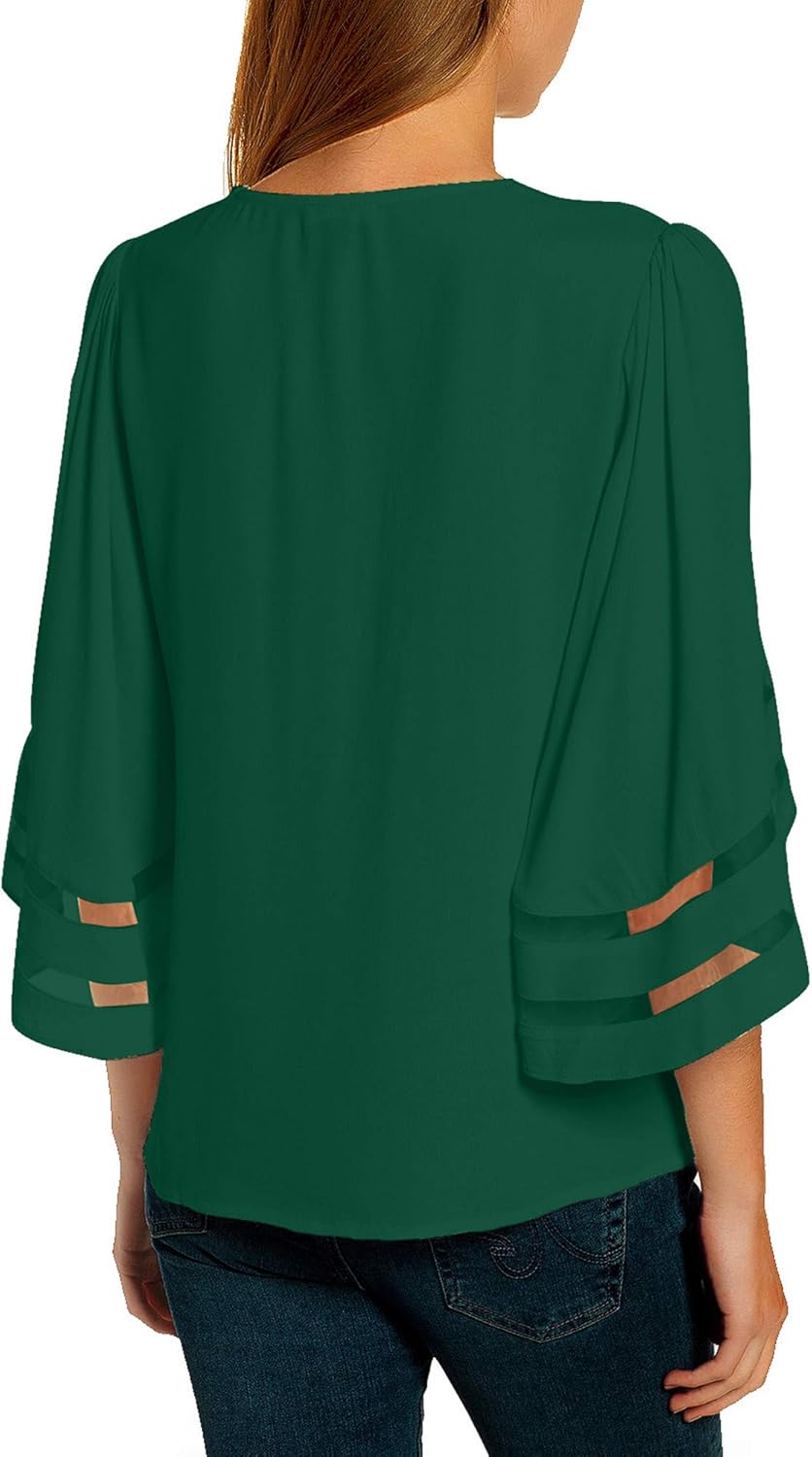 Vetinee Women's 3/4 Bell Sleeve Shirt Mesh Panel Blouse V Neck Casual Loose Tops at  Women’s Clothing store