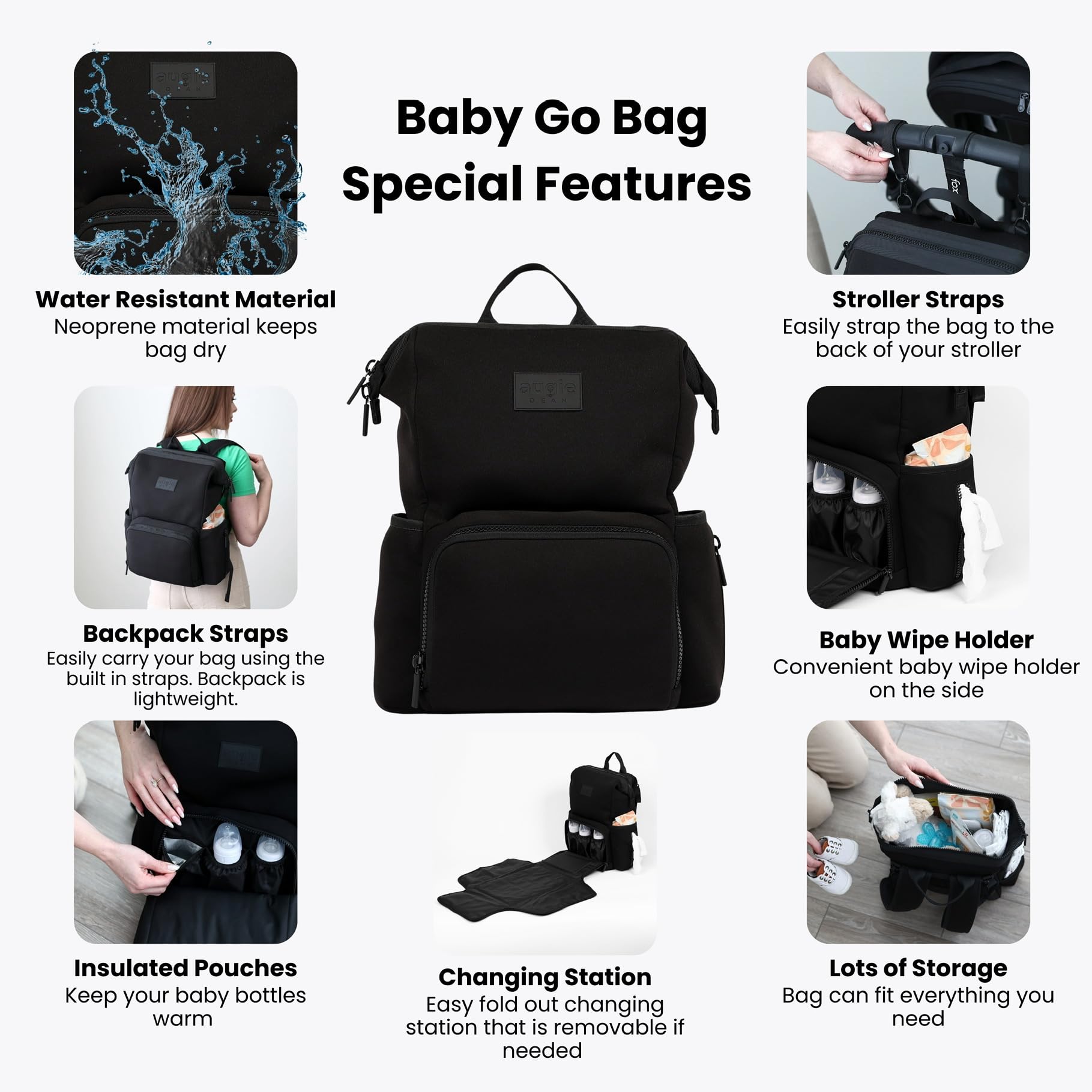 Augie Dean Neoprene Diaper Bag Backpack with Front Fold Changing Station- Multifunctional Diaper Bag with 2 Stroller Straps- Versatile Storage- Stylish for Mom & Dad