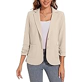 LADI TREND Women's Casual Button Front Blazer Jackets Ruched 3/4 Sleeve Lapel Office Work Lightweight Blazers with Pockets