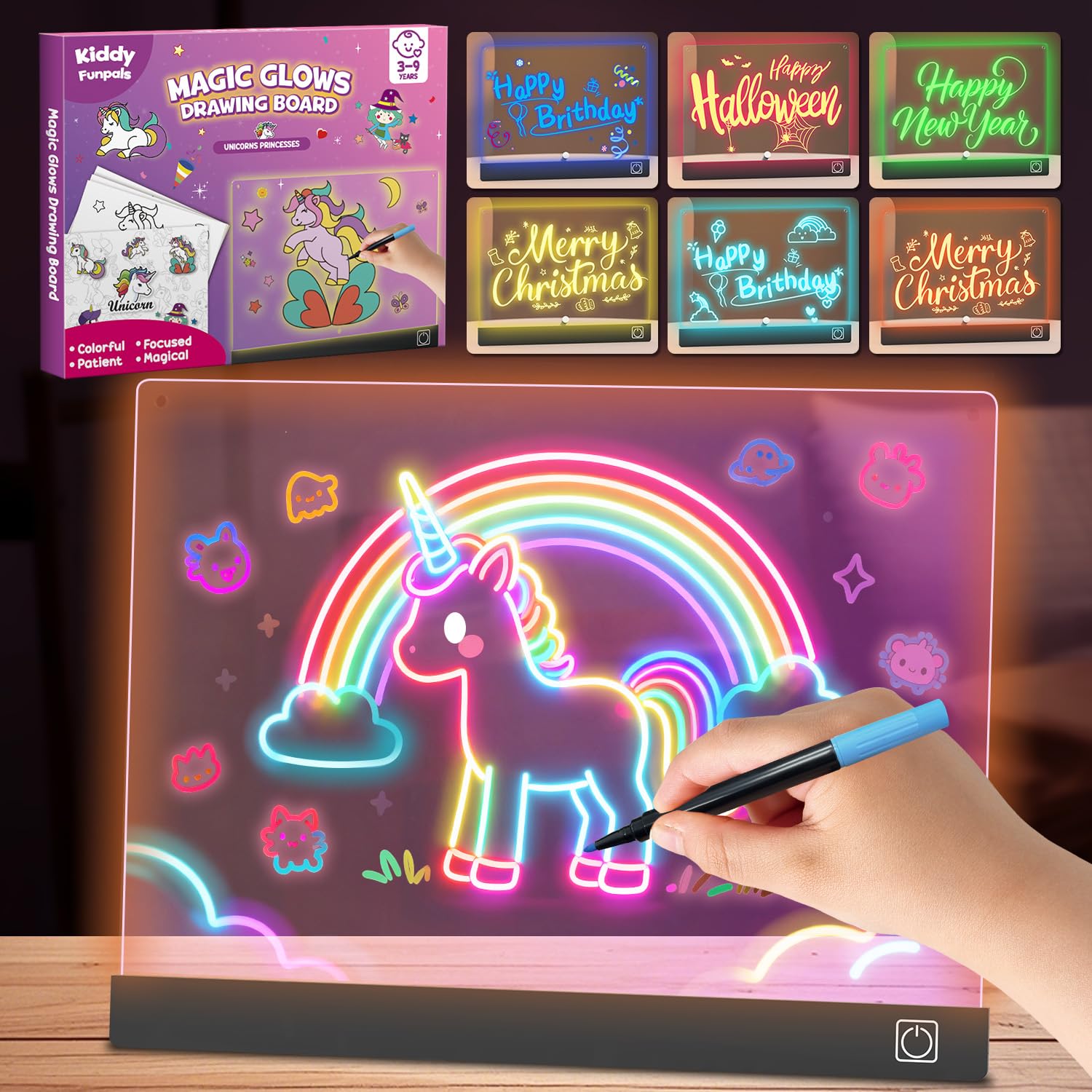 Photo 1 of *Damaged item/Screen is cracked in corner*  Lumiboards LED Drawing Board for Kids - 7 Colors DIY Doodle Glow Board with 7 Markers, 10 Tracing Sheets - Unicorn Toys for Girls, Brithday, Gifts for Kids/Grandkids, Christmas Crafts Kit for Girls