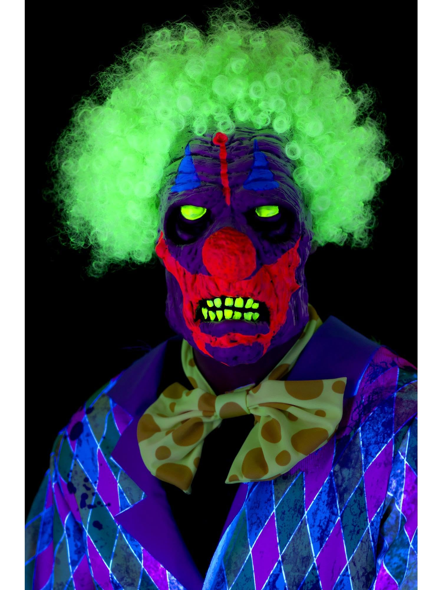 Smiffys UV Black Light Clown Mask, Multi-Coloured Latex, Overhead, with Hair, Halloween Cirque Sinister Fancy Dress, Clown Dress Up Masks