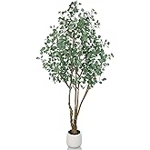 Artificial Eucalyptus Trees with White Planter, 8 FT Faux Eucalyptus Plants Indoor Tall Fake Floor Trees with Silk Leaves and Thick Trunk for Living Room Bedroom Corner Home Office Decoration