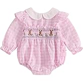 Adobabirl Infant Baby Girl Outfit Newborn Bow Bubble Romper Long Sleeve Embroidery Jumpsuit Cute Smocked Clothes
