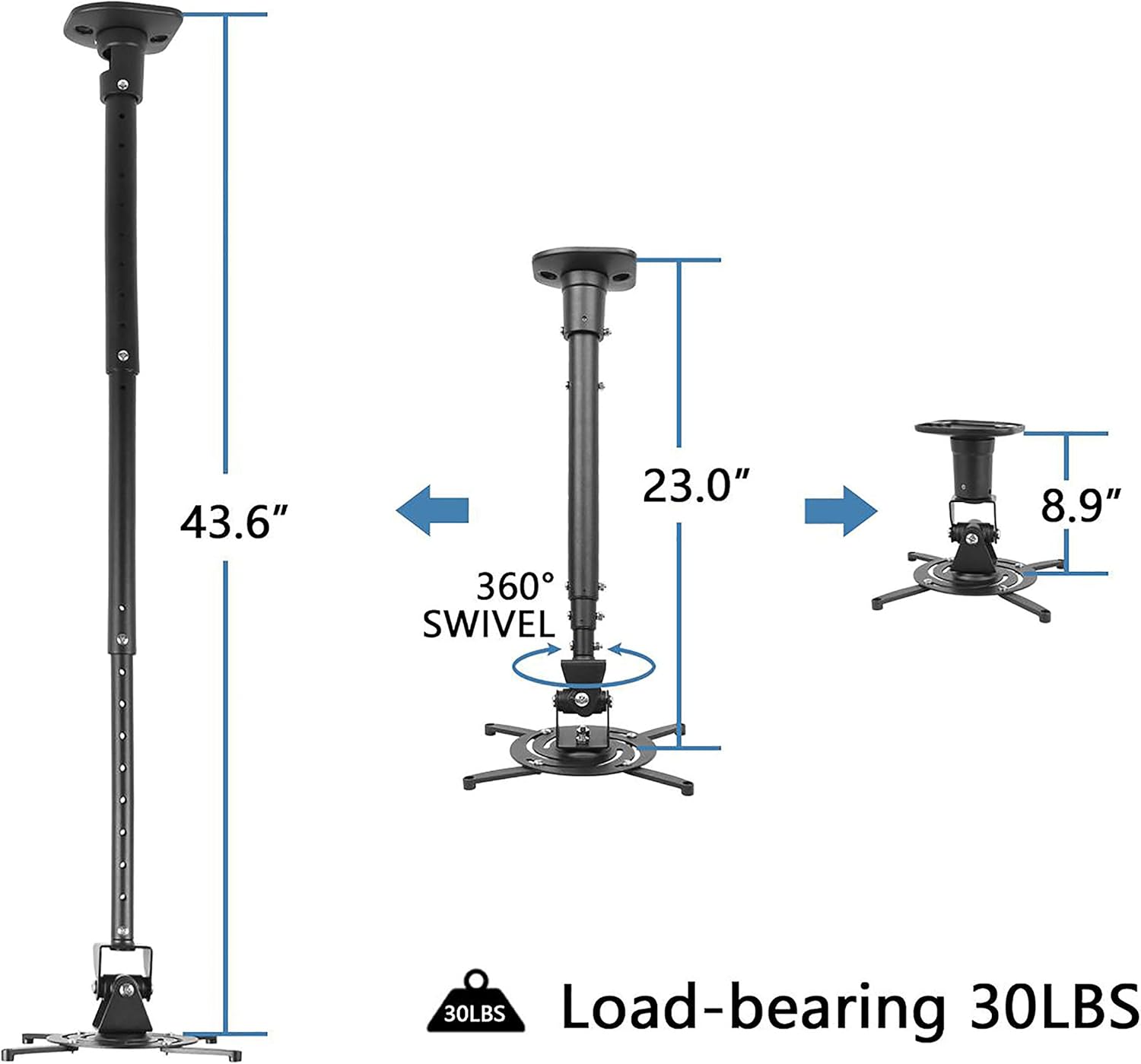 DYNAVISTA Full Motion Universal Ceiling Projector Mount Bracket with Adjustable Height and Extendable Arms Rotating Swivel Mount for Home and Office Projector (Black): Office Products