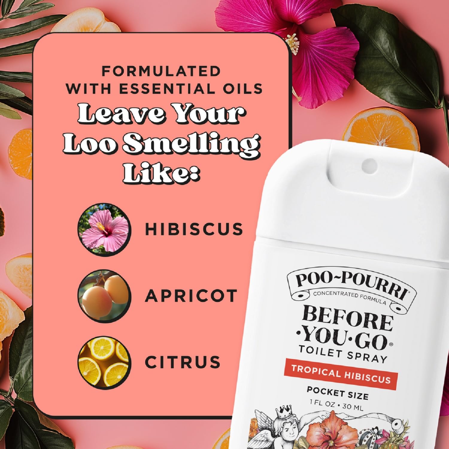 Poo-Pourri Before-You-Go Pocket Toilet Spray, Travel Essentials, Tropical Hibiscus, 1 Fl Oz, Up to 50 Uses, On-The-Go Bathroom Odor Deodorizer with Essential Oils, TSA Approved Size, Hibiscus, Apricot