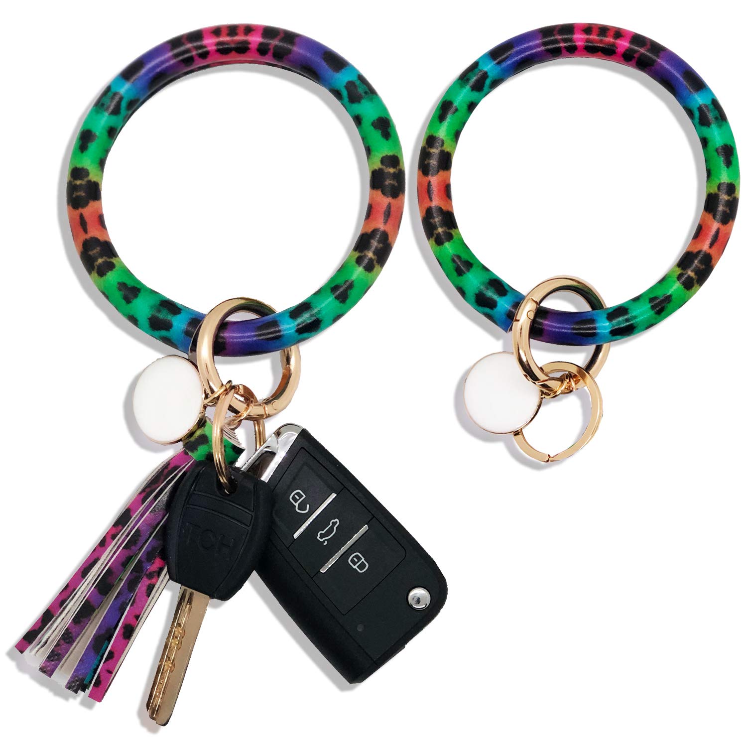 2PCS Colorful Leather Wristlet Keychain Bracelet Bangle Round Key Ring Large Circle Tassel Key