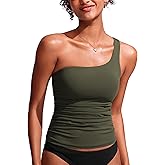 CRZ YOGA One Shoulder Tankini Tops for Women Ruched Bathing Suits Tummy Control Adjustable Swimsuit Only No Bottom Padded