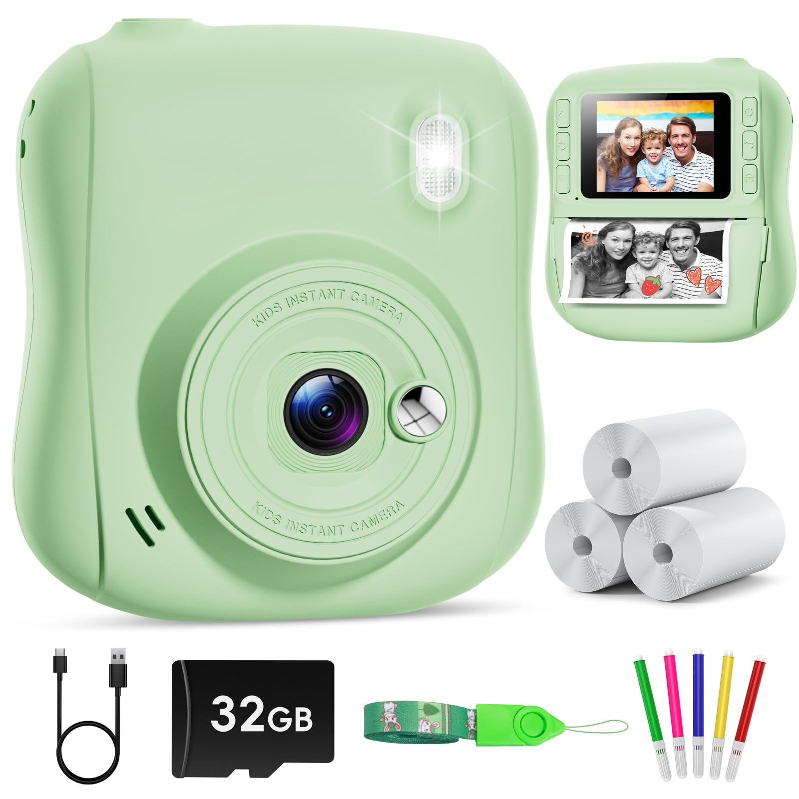 Hangrui Kids Camera Instant Print, HD Instant Camera for Kids with 32GB Card & Print Paper, 14MP 1080P Kids' Digital Cameras, Christmas Birthday Gifts Toy for Girls & Boys Aged 3-10 -Green — image 1