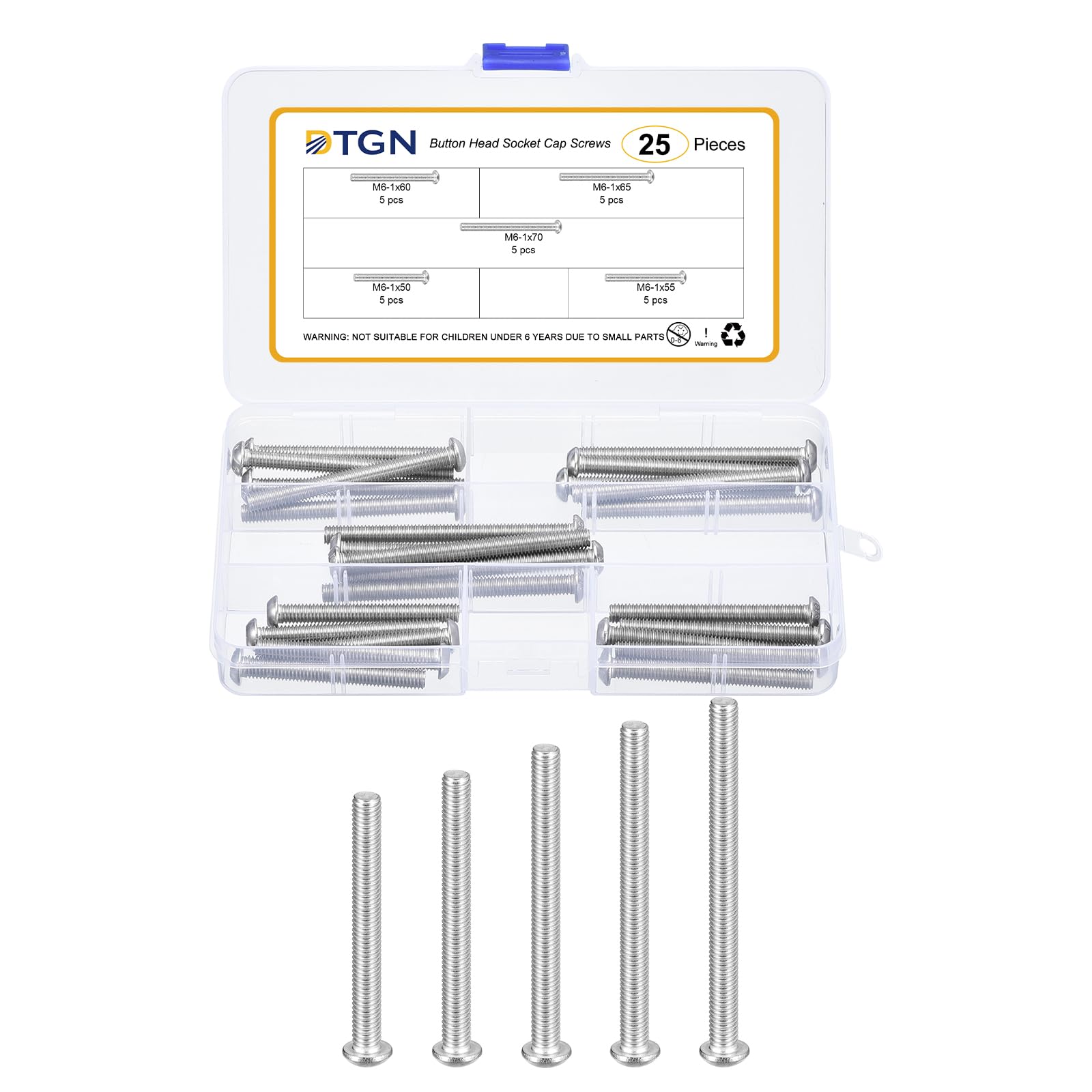 DTGN 25Pcs M6-1x50/55/60/65/70mm Button Head Socket Cap Screws - 304 Stainless Steel Bolt Nut Set Washer Assortment Kit - Good for Road Bicycle, Mountain Bike, Auto