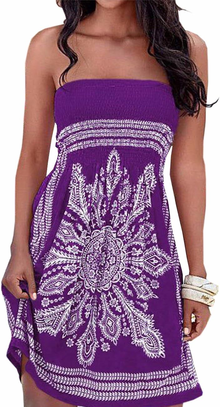 Emma Women's Summer Strapless Off Shoulder Floral Print Bohemian Skirt Casual Colorful Mini Beach Dresses