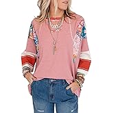 EVALESS Boho Tops for Women Dressy Casual Spring 3/4 Length Sleeve Crewneck Patchwork Striped Oversized Blouses Shirts