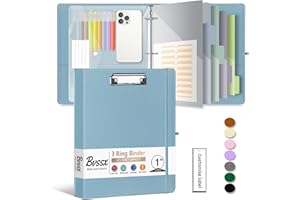 1 Inch 3 Ring Leather Binder Organizer, BVSSX Three Ring Binders with Clipboard, Plastic Folder, 5-Tabs Pocket Dividers with Sticker Labels, Pen Loop, Elastic Strap (Blue, Letter Size)