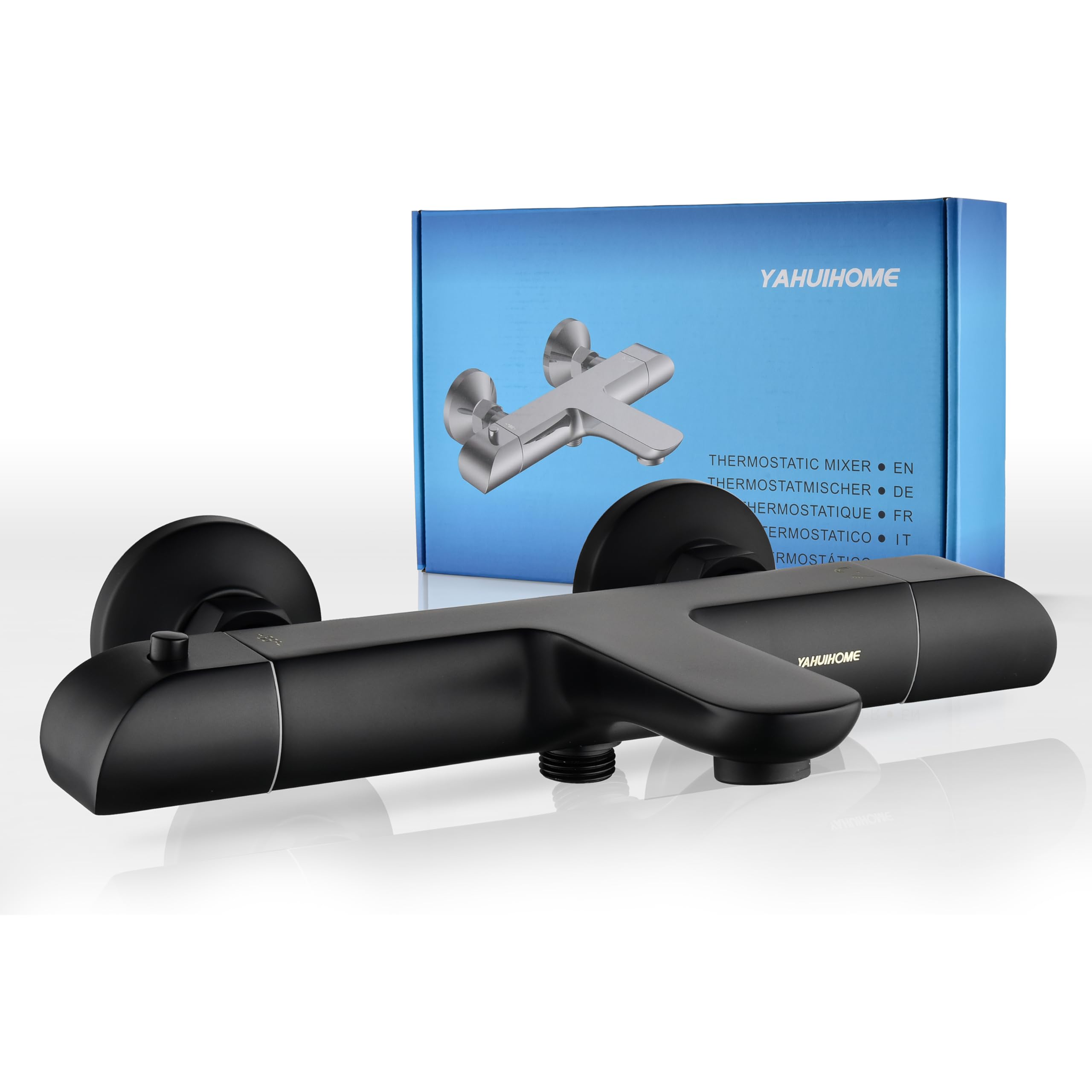 YAHUIHOME Black Thermostatic Bath Shower Mixer Tap, Bath Mixer Taps Bar with Bath Filler Spout, Solid Brass Thermostatic Shower Valve Bath Taps Faucet with 38°C Safety Lock Anti-Scald