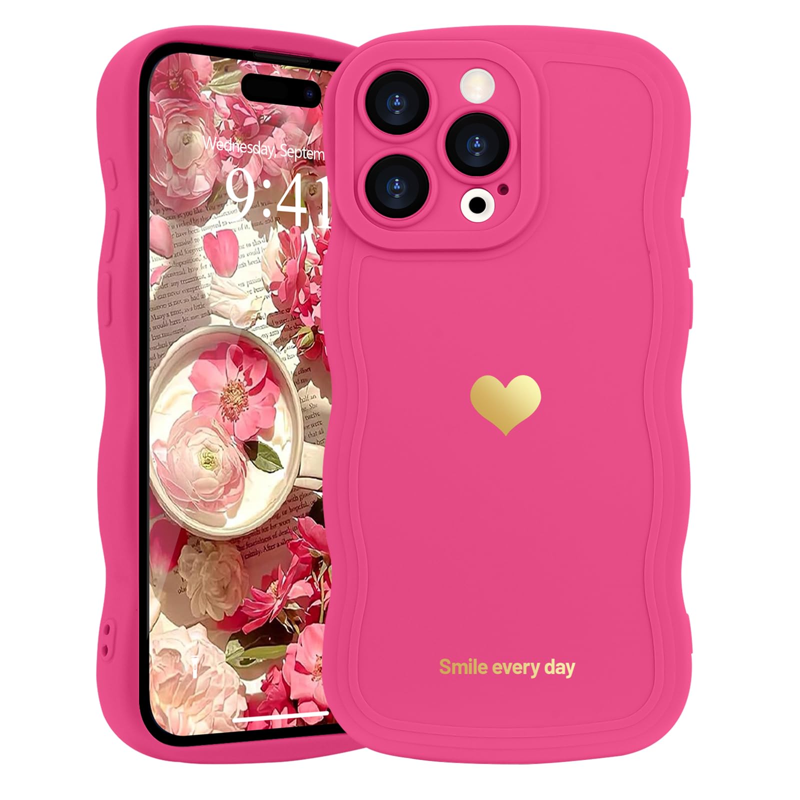 LAPOPNUT for iPhone 15 Pro Max Case,Cute Curly Wave Frame Love Heart Phone Case for Girls Women,Soft Silicone TPU Bumper Shockproof Camera Protective Cover for iPhone 15 Pro Max 6.7 inch,Hot Pink — image 1