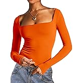 Dwnval Long Sleeve Shirts for Women - Basic Slim Fit Double Lined Square Neck Crop T Shirt