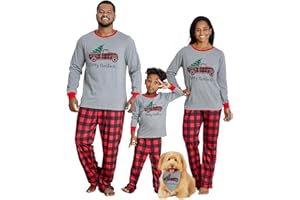 IFFEI Family Christmas Pajamas Matching Sets PJ's Sleepwear Printed Top and Plaid Pants with Pockets