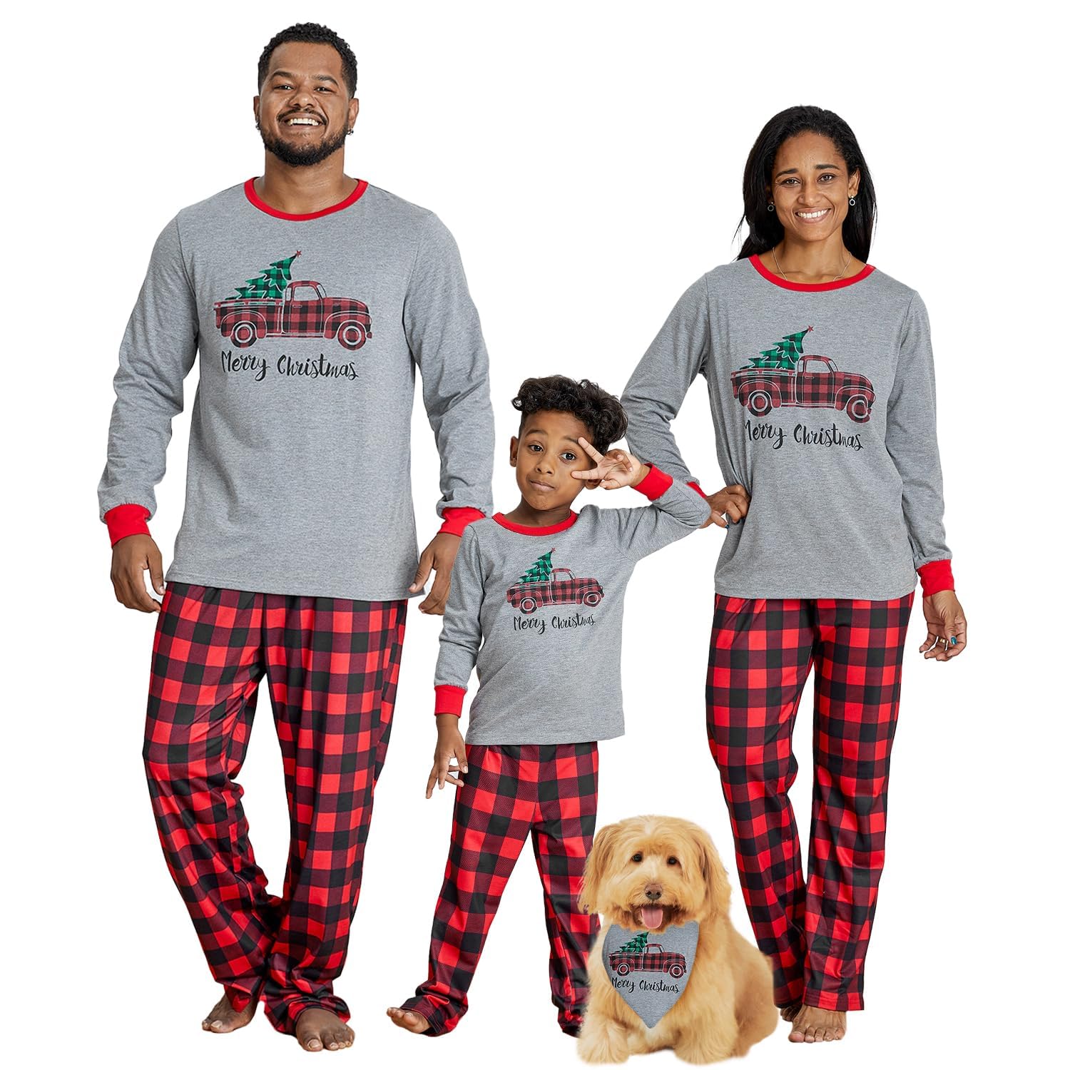 IFFEI Matching Family Pajamas Sets Christmas PJ's Sleepwear Truck Print Top and Plaid Pants with Pocket Men: L Image