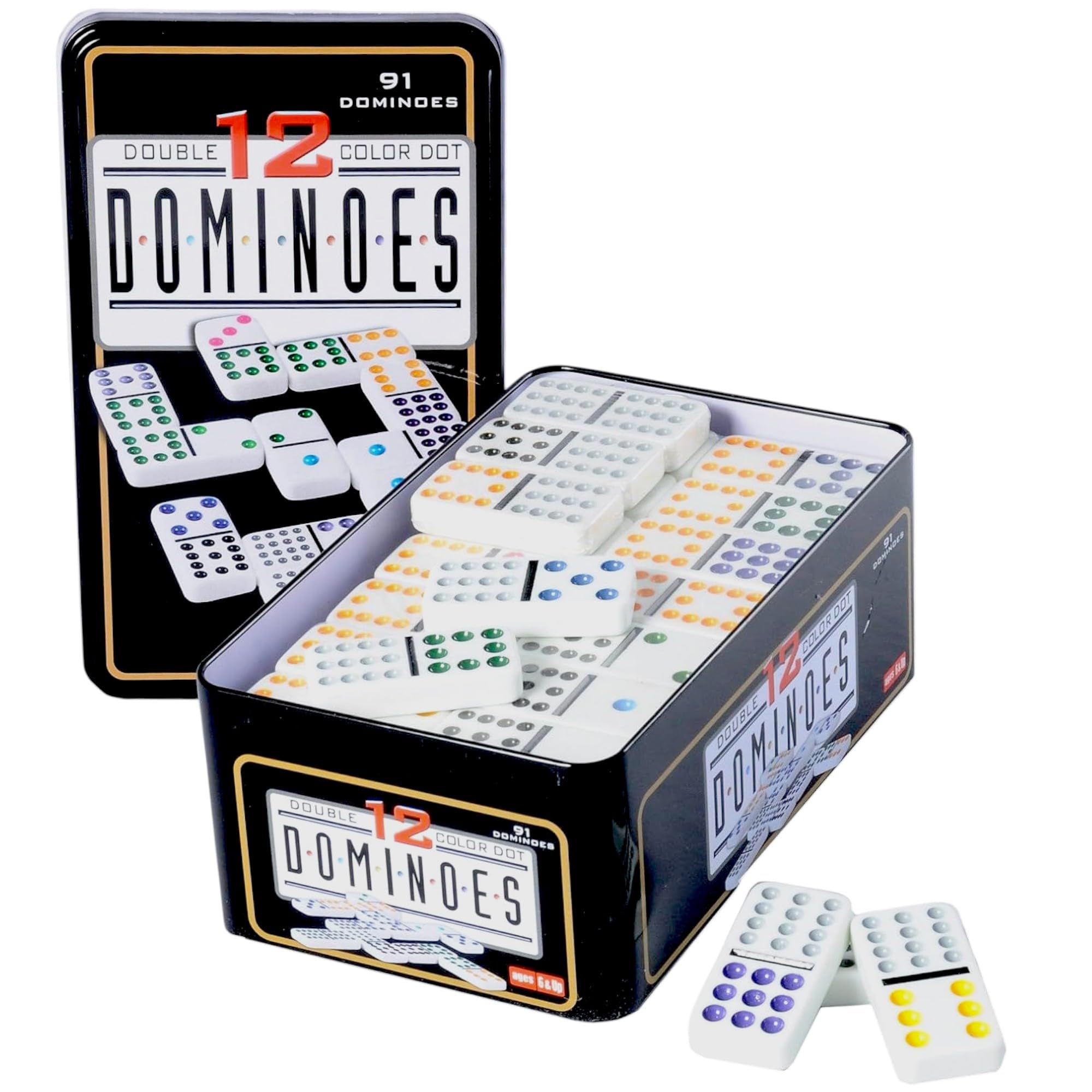 GMMH Domino Color Double 12 in Metal Box, 91 Pieces with Colored Dots, Tabletop Game for Age 36 Months and Up