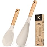 Badiano Cooking Spoon and Rice Scooper for Nonstick Cookware,Multi-function | Great for Cooking and Serving, Sturdy BPA-Free Matte Silicone, Wood Handle Spoon for Mixing, Scoop, and Scrape,9.3"+14.3"