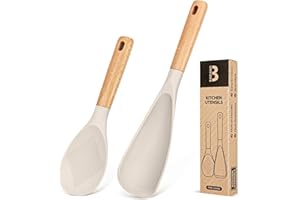 Cooking Spoon and Rice Scooper for Nonstick Cookwares, Great for Cooking and Serving Sturdy BPA-Free Matte Silicone, Wood Han