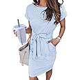 MEROKEETY Women's Summer Striped Short Sleeve T Shirt Dress Casual Tie Waist with Pockets