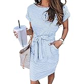 MEROKEETY Women's 2026 Summer Casual T Shirt Dress Short Sleeve Striped Tie Waist Work Vacation Trendy Short Dresses