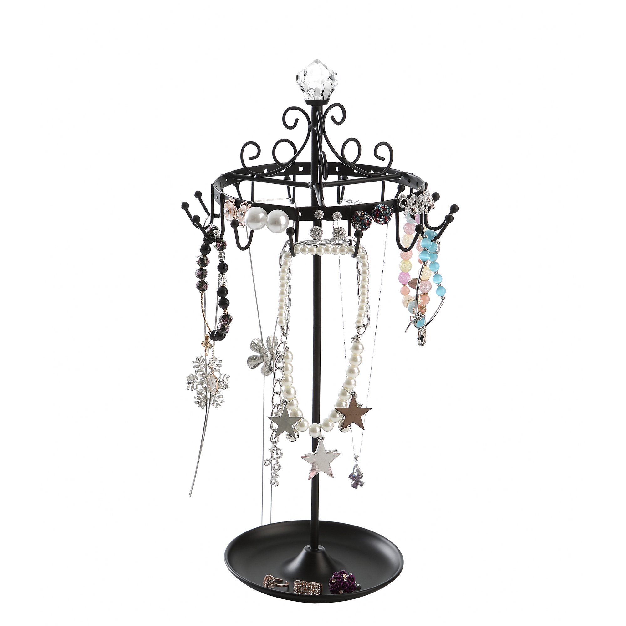 Giftway Black Rotating Jewelry Tree Organizer Stand w/ Ring Tray for Bracelet, Earrings, Necklace