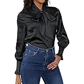 Satin Blouses for Women Dressy Smocked Long Sleeve Bow Tie Neck Shirts Casual Work Tops