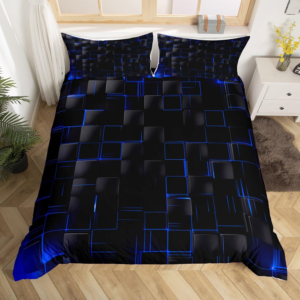 Geometric Duvet Cover Set Super King Size, Abstract Square Grid Print Comforter Cover with 2 Pillowcases, Royal Blue and Black Bedding Set 3pcs for Kids Boys Room Decor Lightweight Bedspread Cover — image 1