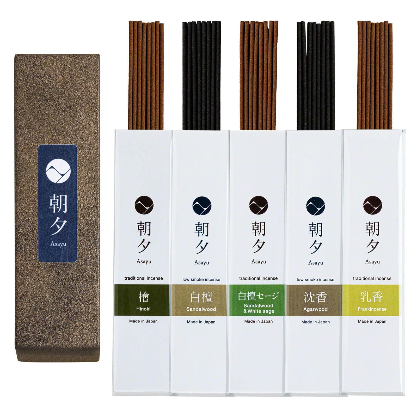 Asayu Japan Natural Incense Sticks Assortment, 5 Scents (Sandalwood, Agarwood, Hinoki Cypress, White Sage, Frankincense), Made in Japan Incense Sampler Variety Pack - Natural