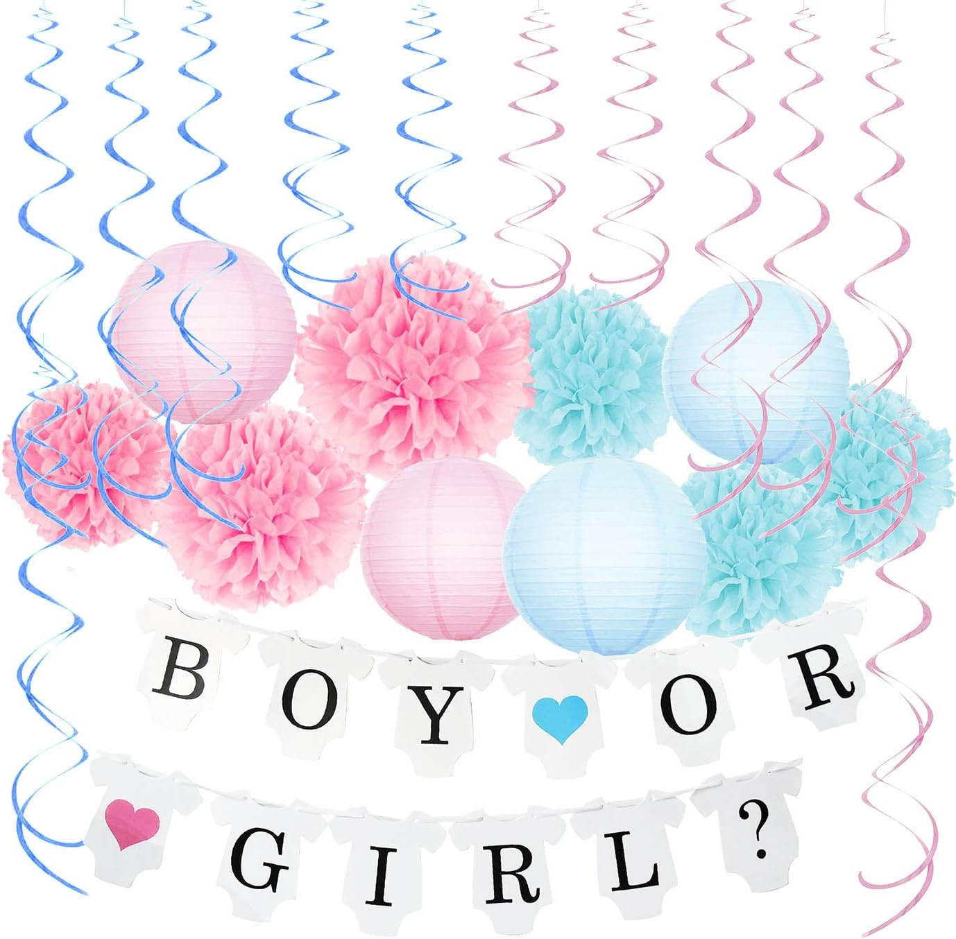 Gender Reveal Decorations Baby Shower Decorations with Boy or Girl Banner Tissue Pom Poms Paper Lanterns Foil Hanging Swirl Decorations Baby Pink and Blue Decorations Gender Reveal Party Supplies