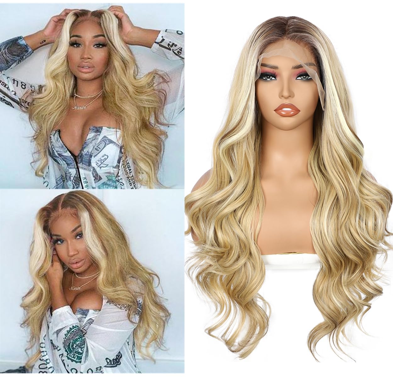 Sapphirewigs Highlight Blonde Lace Front Wig Synthetic Body Wave 13x4 Ombre Blonde Balayage Synthetic Lace Front Wigs for Women Party Date Daily Wear Christmas Natural Looking 26 inch