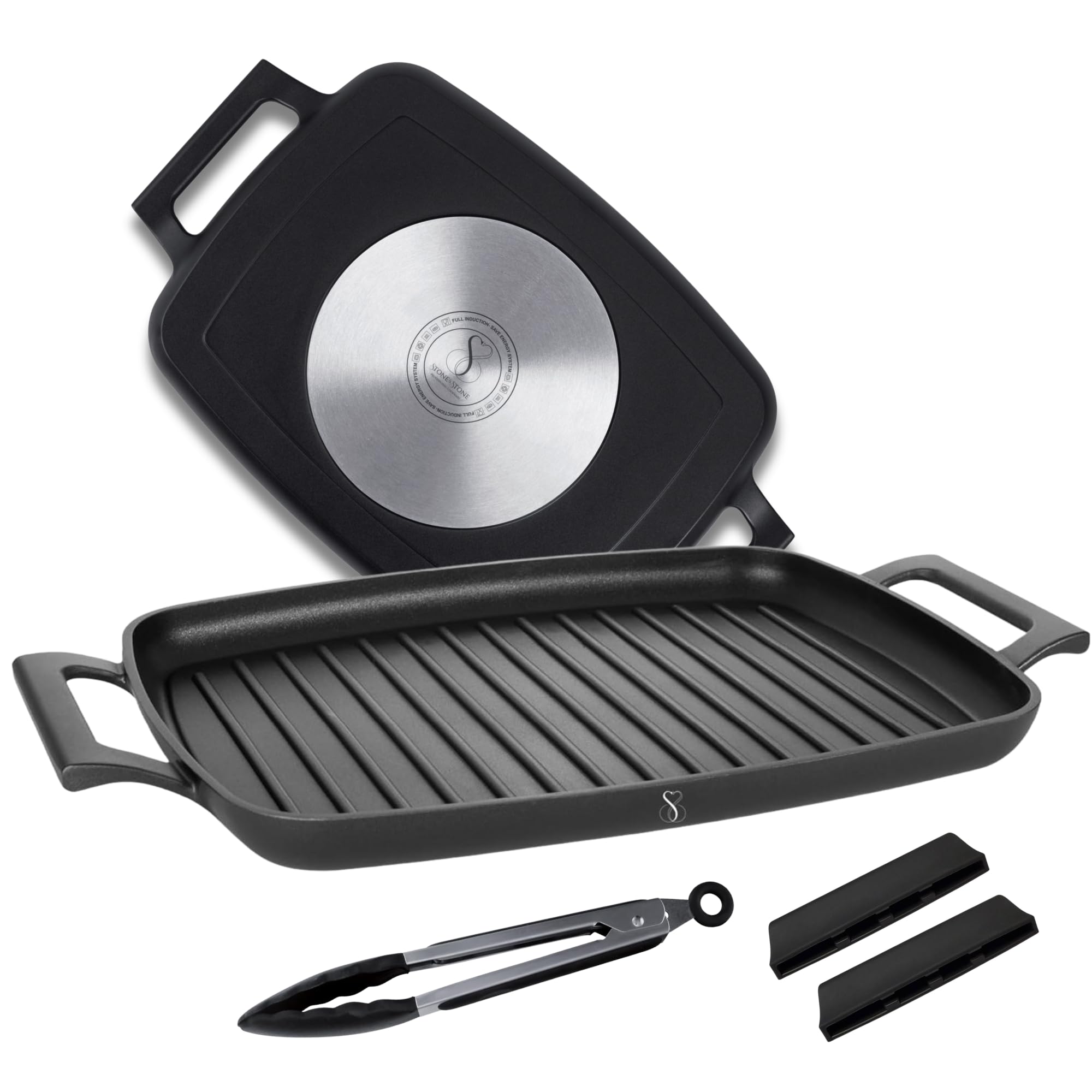 Stone&Stone 47 cm Rectangular Grill pan, Stone Type Coating, Professional Induction Grill with Super Non-Stick Steel Base, Hip in The Oven, Developed with German Technology