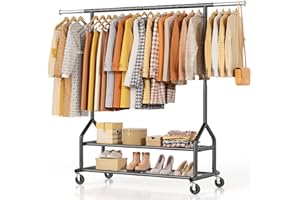EAGMAK Heavy Duty Clothes Rack Load 556 LBS, Rolling Clothing Rack With Shelves, Height Adjustable Metal Clothes Hanger with 