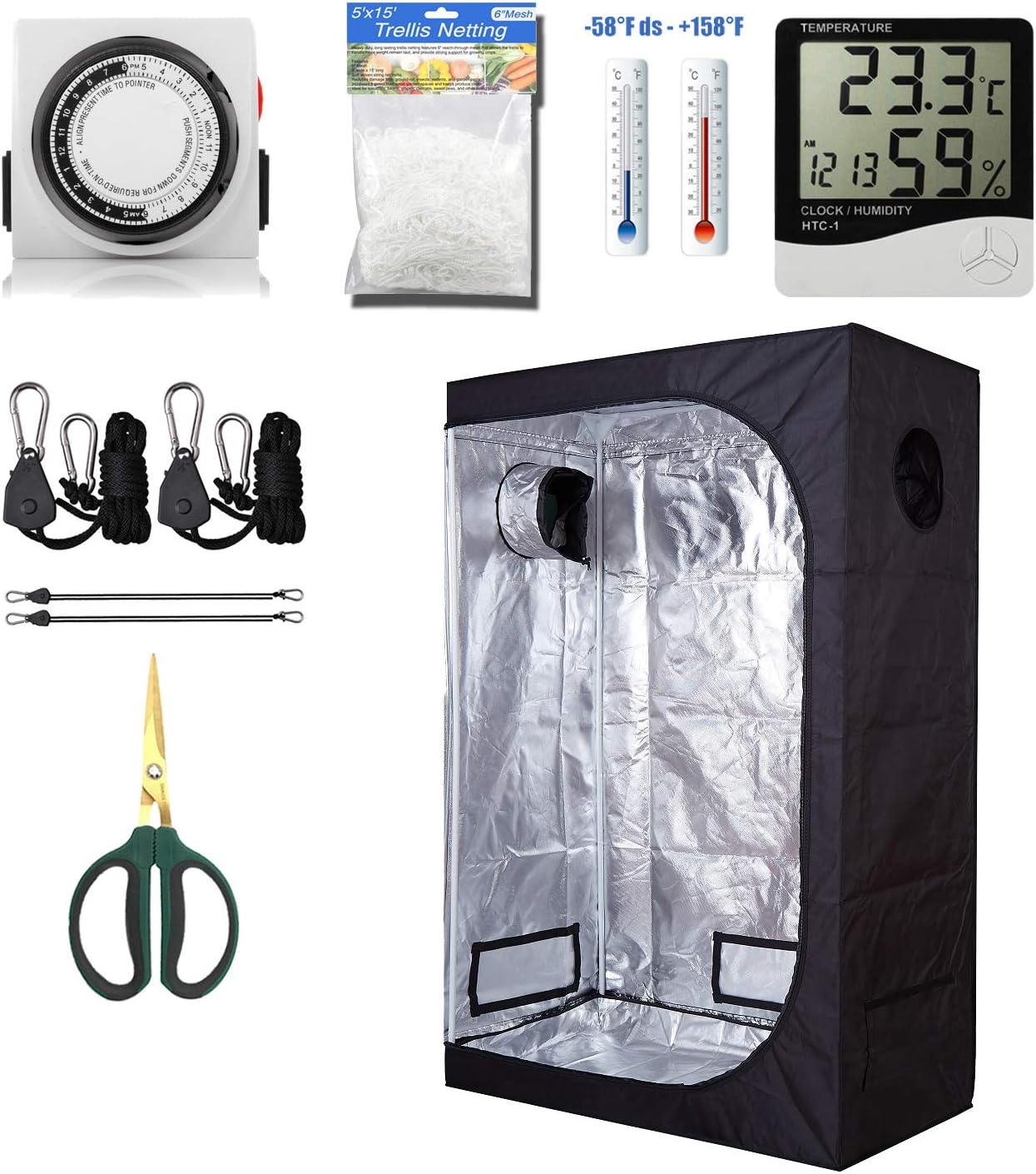 GreenHouser High Reflective 48''x24''x72'' Grow Tent Room+24 Hours Timer+Hangers+Temperature Humidity+Bonsai Shears+Netting Trellis for Hydroponics Indoor Planting System