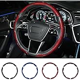 Hiseanllo Carbon Fiber Steering Wheel Cover 3PCS Set – Anti-Slip, Scratch-Resistant, Universal Fit for 14–16 Inch Wheels – Interior Car Accessories for Cars, SUVs, Trucks (Red)