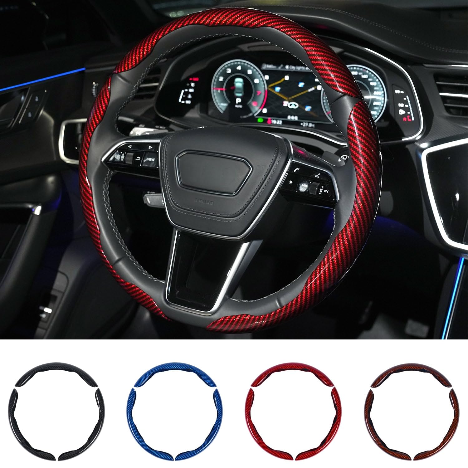 Photo 1 of Hiseanllo Carbon Fiber Steering Wheel Cover 3PCS Set – Anti-Slip, Scratch-Resistant, Universal Fit for 14–16 Inch Wheels – Interior Car Accessories for Cars, SUVs, Trucks (Red)