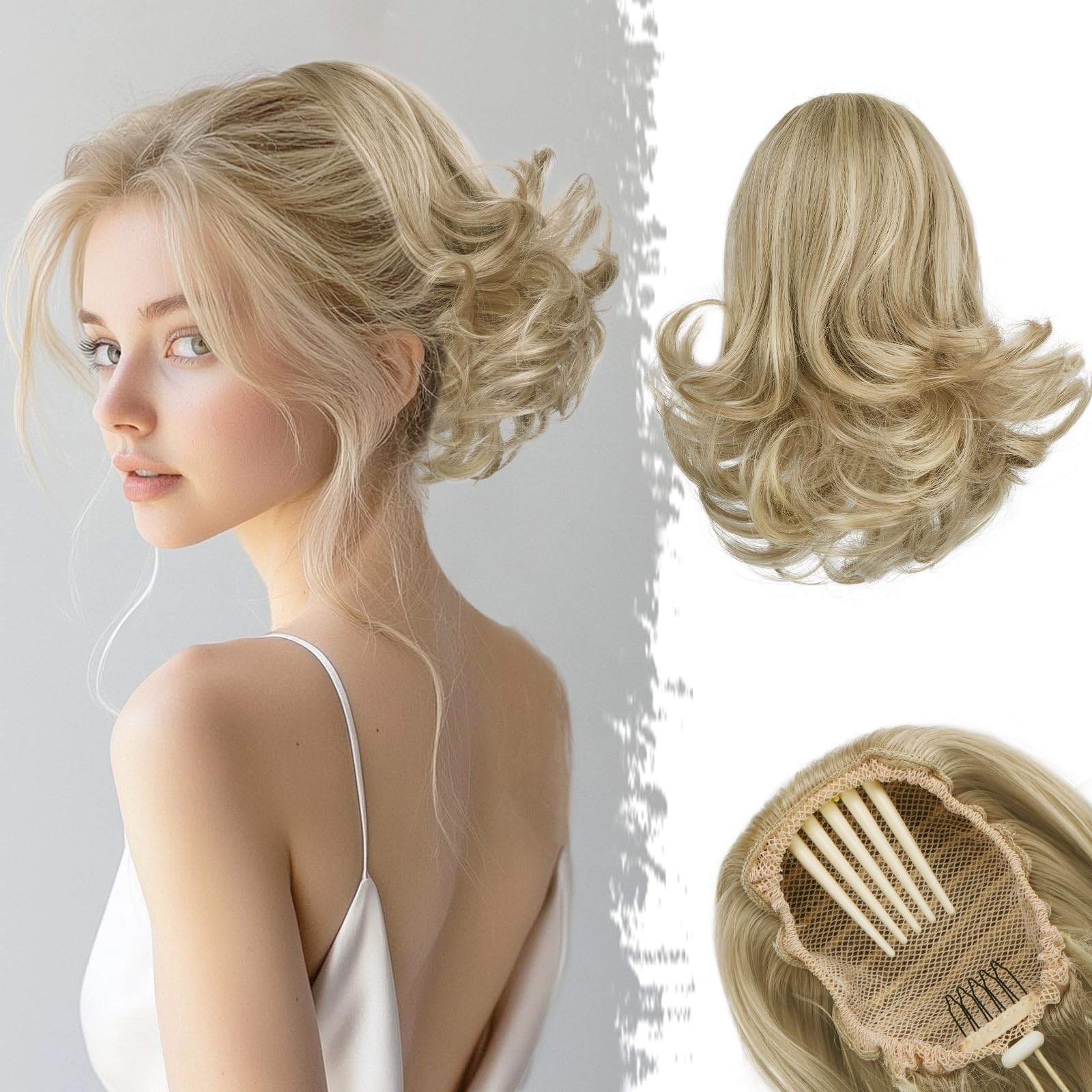 BARSDAR Short Blonde Wavy Drawstring Ponytail Hair Extensions - 10 Inch Synthetic Comb Clip In Ponytail Hairpiece - Light Ash Blonde with Highlights