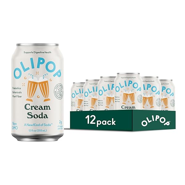 OLIPOP PREBIOTIC SODA POP, CREAM SODA, PANTRY PACK PACKED WITH PREBIOTICS, FIBER, AND BOTANICALS, GLUTEN FREE, VEGAN, GMO FREE, 12OZ (12-CANS)