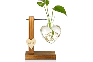 Kingbuy Hydroponic Glass Vase Vintage Desktop Plant Terrarium Planter Bulb Vase Water Planting Propagation Vase Planters Hydroponics Plants with Retro Wooden Stand Home Garden. (D(1 Heart Vase))