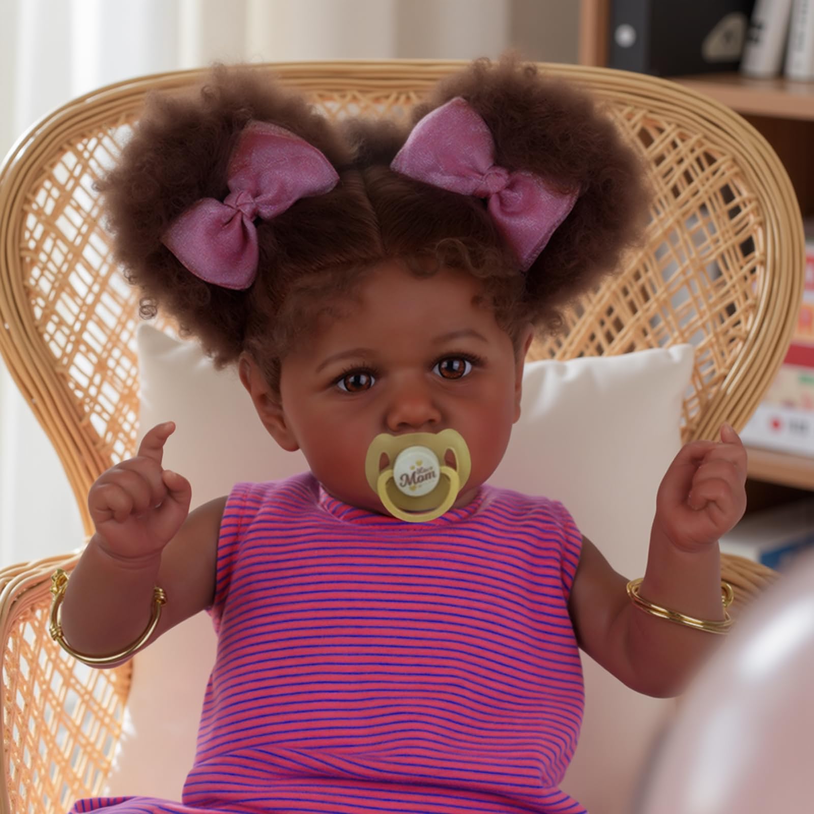 JIZHI Reborn Baby Dolls Black - 22 Inch Lifelike Soft Body Realistic-Newborn Baby Dolls Taupe Eyes Caramel Skin Tone Pink Striped Skirt Real Life and Toy Accessories Gift for Kids Age 3