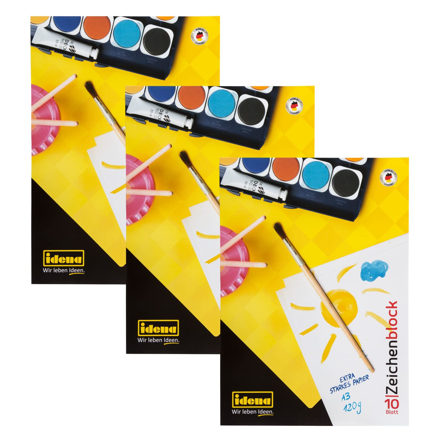 Idena 10388 - Drawing pad, DIN A3, 10 Sheets, 120 g/m², Pack of 3